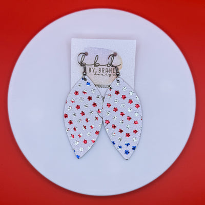 MAISY -  Leather Earrings  || <BR>  MATTE WHITE WITH METALLIC RED. SILVER & BLUE STARS