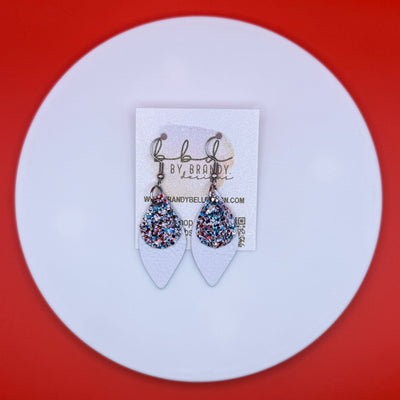 JEAN -  Leather Earrings  || <BR>  AMERICANA GLITTER (FAUX LEATHER), <BR> MATTE WHITE