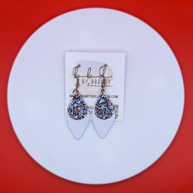 JEAN -  Leather Earrings  || <BR>  AMERICANA GLITTER (FAUX LEATHER), <BR> MATTE WHITE