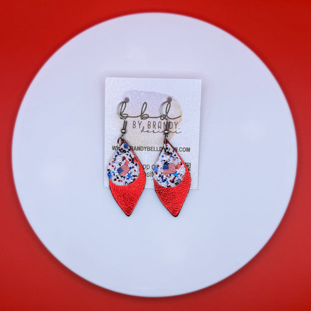 JEAN -  Leather Earrings  || <BR>  AMERICANA FLAGS GLITTER (FAUX LEATHER), <BR> METALLIC RED SMOOTH