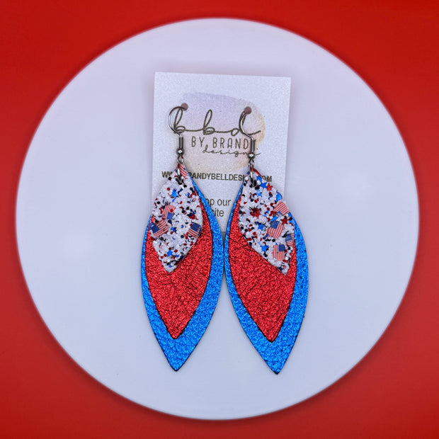 DOROTHY -  Leather Earrings  || <BR>  AMERICANA FLAGS GLITTER (FAUX LEATHER), <BR>, METALLIC RED PEBBLED, <BR> METALLIC BLUE PEBBLED