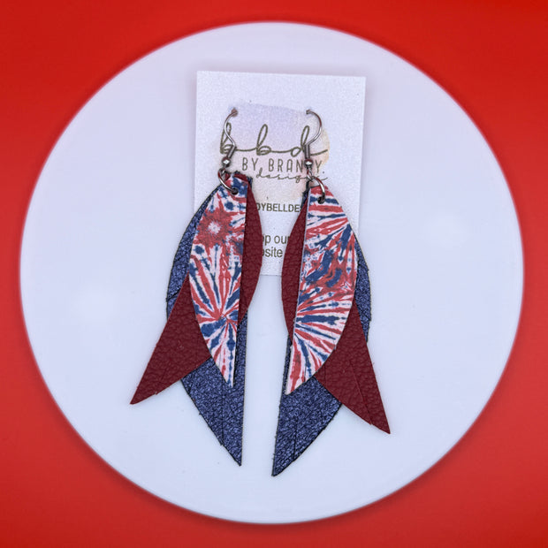 ANDY -  Leather Earrings  || <BR>  RED, WHITE & BLUE FIREWORK TIEDYE, <BR>MATTE RED, <BR> METALLIC NAVY PEBBLED