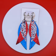 ANDY -  Leather Earrings  || <BR>  AMERICANA FLAGS GLITTER (FAUX LEATHER), <BR>, METALLIC RED PEBBLED, <BR> METALLIC BLUE PEBBLED