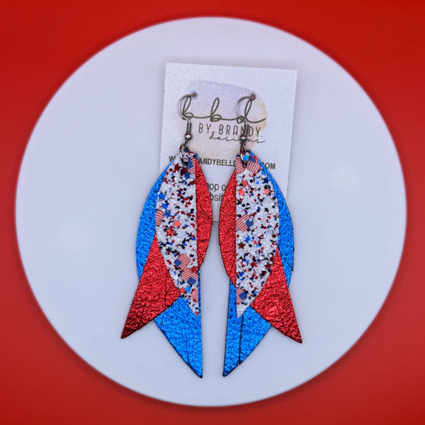 ANDY -  Leather Earrings  || <BR>  AMERICANA FLAGS GLITTER (FAUX LEATHER), <BR>, METALLIC RED PEBBLED, <BR> METALLIC BLUE PEBBLED