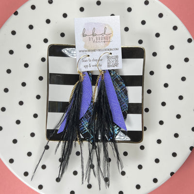 GRACIE  - Leather Earrings   ||  <BR> BLACK FEATHER, <BR> PERIWINKLE SAFFIANO, <BR> IRIDESCENT PLAID ON BLACK