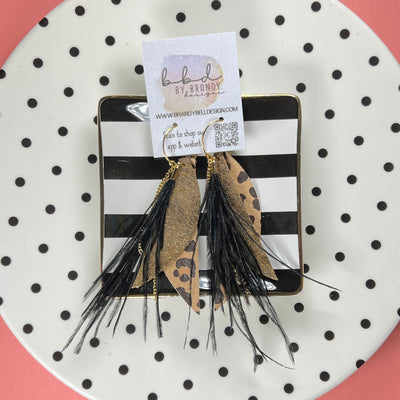 GRACIE  - Leather Earrings   ||  <BR> BLACK FEATHER, <BR> BROWN WITH GOLD ACCENTS, <BR> CARAMEL CHEETAH