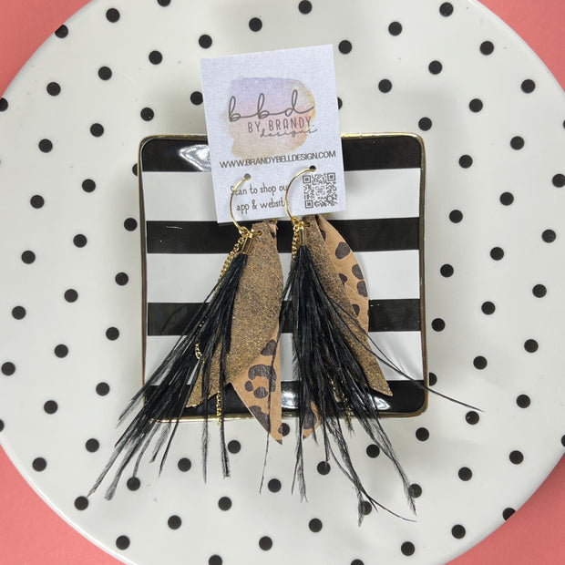 GRACIE  - Leather Earrings   ||  <BR> BLACK FEATHER, <BR> BROWN WITH GOLD ACCENTS, <BR> CARAMEL CHEETAH