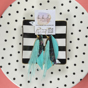GRACIE  - Leather Earrings   ||  <BR> AQUA FEATHER, <BR> IRIDESCENT NORTHERN LIGHTS ON BLACK, <BR> MATTE ROBINS EGG BLUE
