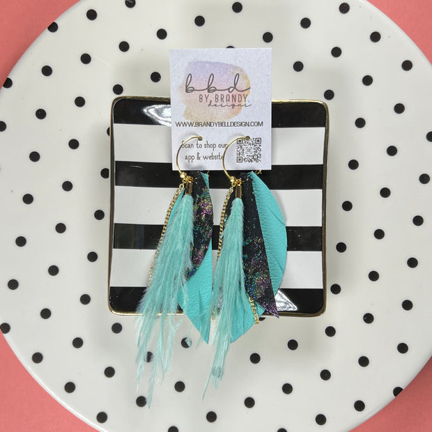 GRACIE  - Leather Earrings   ||  <BR> AQUA FEATHER, <BR> IRIDESCENT NORTHERN LIGHTS ON BLACK, <BR> MATTE ROBINS EGG BLUE