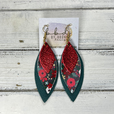 DOROTHY - Leather Earrings   ||  <BR> METALLIC RED PEBBLED,  <BR>  CHRISTMAS FLORAL, <BR> MATTE DARK TEAL