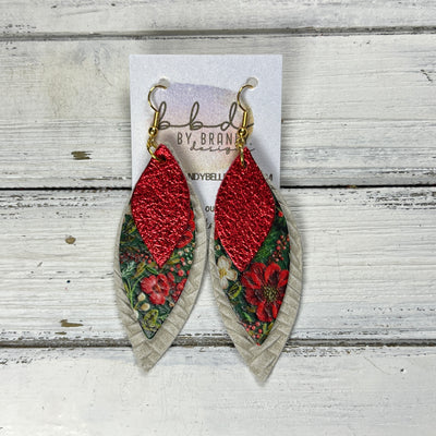 DOROTHY - Leather Earrings   ||  <BR> METALLIC RED PEBBLED,  <BR>  FAUX EMBROIDERY CHRISTMAS FLORAL, <BR> LINEN BRAID