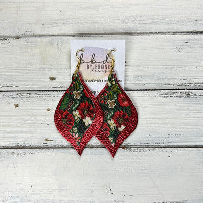 EVE -  Leather Earrings  ||  <BR> FAUX EMBROIDERY CHRISTMAS FLORAL, <BR> METALLIC RED PEBBLED