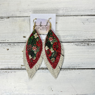 INDIA - Leather Earrings   ||  <BR> FAUX EMBROIDERY CHRISTMAS FLORAL,  <BR> METALLIC RED PEBBLED, <BR> LINEN BRAID