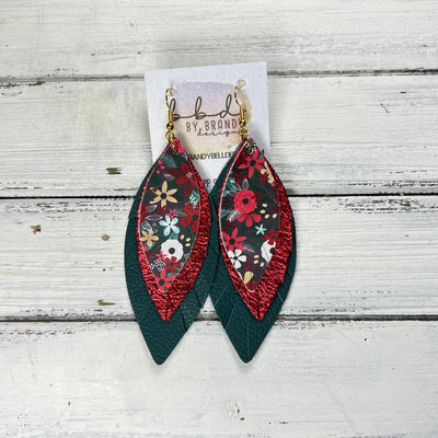 INDIA - Leather Earrings   ||  <BR> CHRISTMAS FLORAL (FAUX LEATHER),  <BR> METALLIC RED PEBBLED, <BR> MATTE DARK TEAL