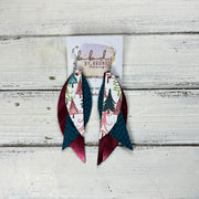 ANDY - Leather Earrings   ||  <BR> WHIMSICAL TREES ON WHITE,  <BR>  TEAL BRAID, <BR> METALLIC CRANBERRY SMOOTH
