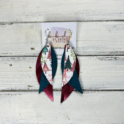 ANDY - Leather Earrings   ||  <BR> WHIMSICAL TREES ON WHITE,  <BR>  TEAL BRAID, <BR> METALLIC CRANBERRY SMOOTH