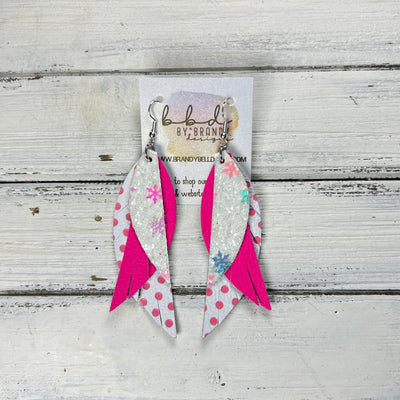 ANDY - Leather Earrings   ||  <BR> SNOWFLAKE GLITTER (FAUX LEATHER),  <BR> MATTE NEON PINK, <BR> PINK AND WHITE POLKADOTS