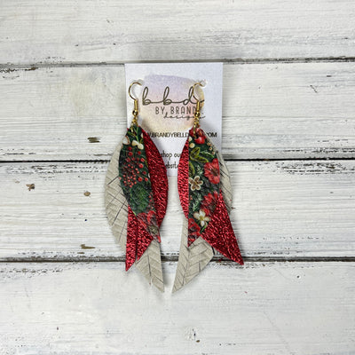 ANDY - Leather Earrings   ||  <BR> FAUX EMBROIDERY CHRISTMAS FLORAL,  <BR> METALLIC RED PEBBLED, <BR> LINEN BRAID