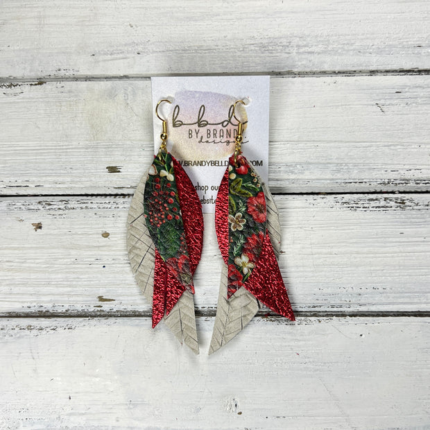 ANDY - Leather Earrings   ||  <BR> FAUX EMBROIDERY CHRISTMAS FLORAL,  <BR> METALLIC RED PEBBLED, <BR> LINEN BRAID