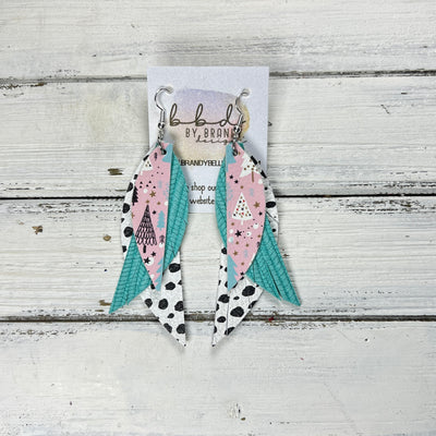 ANDY - Leather Earrings   ||  <BR> WHIMSICAL TREES ON PINK (FAUX LEATHER),  <BR> AQUA PALMS, <BR> BLACK & WHITE CHEETAH PRINT