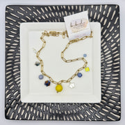 19" CHARM NECKLACE- Stainless Steel Paperclip Chain (GOLD)- YELLOW, BLUE & CLEAR CHARMS