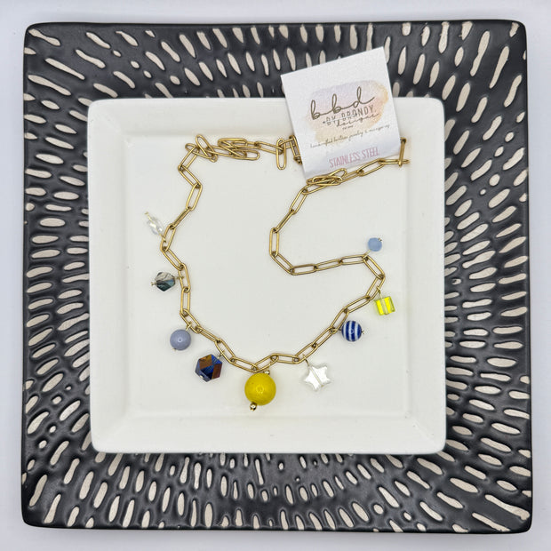 19" CHARM NECKLACE- Stainless Steel Paperclip Chain (GOLD)- YELLOW, BLUE & CLEAR CHARMS