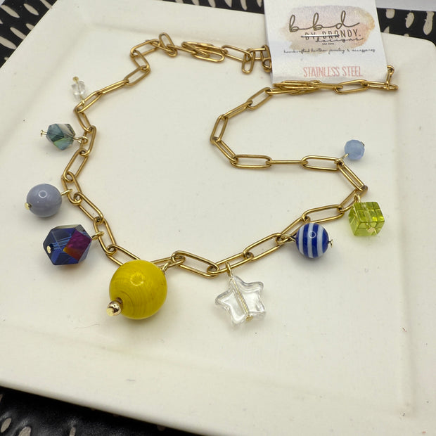 19" CHARM NECKLACE- Stainless Steel Paperclip Chain (GOLD)- YELLOW, BLUE & CLEAR CHARMS