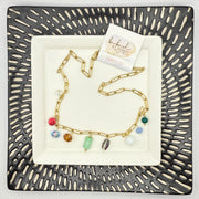 19" CHARM NECKLACE- Stainless Steel Paperclip Chain- GREEN, BLUE & WHITE