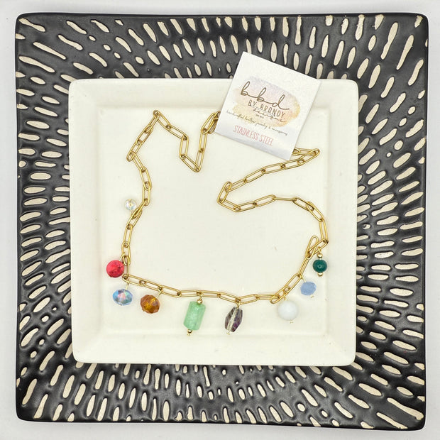 19" CHARM NECKLACE- Stainless Steel Paperclip Chain- GREEN, BLUE & WHITE