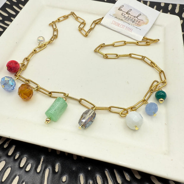 19" CHARM NECKLACE- Stainless Steel Paperclip Chain- GREEN, BLUE & WHITE