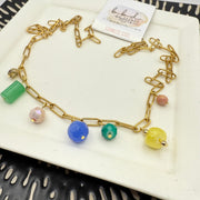 22" CHARM NECKLACE- Stainless Steel Paperclip Chain- GREEN, BLUE & YELLOW