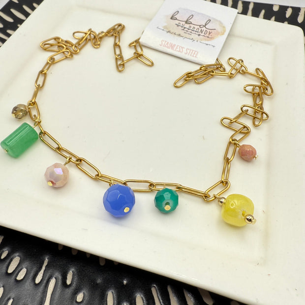 22" CHARM NECKLACE- Stainless Steel Paperclip Chain- GREEN, BLUE & YELLOW
