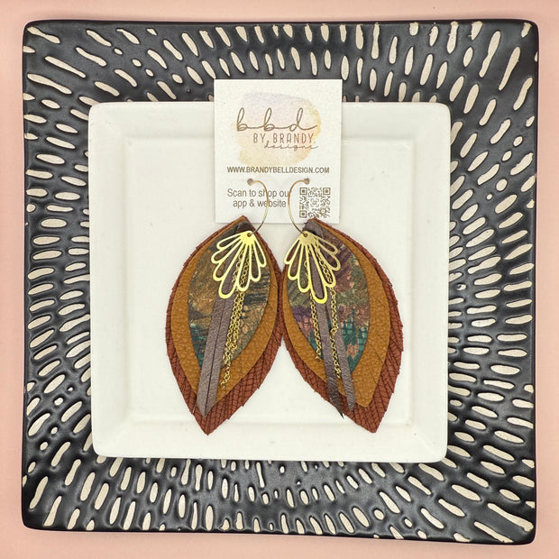 SUEDE + STEEL *Limited Edition* COLLECTION || <BR>  GOLD BRASS DESIGN + CHAINS, <BR> BROWN LEATHERS (* please note: these earrings are a bit heavier than our typical earrings due to the variety of layers)