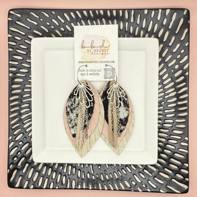 SUEDE + STEEL *Limited Edition* COLLECTION || <BR>  SILVER BRASS DESIGN + CHAINS, <BR> BLUSH/IVORY LEATHERS  (* please note: these earrings are a bit heavier than our typical earrings due to the variety of layers)