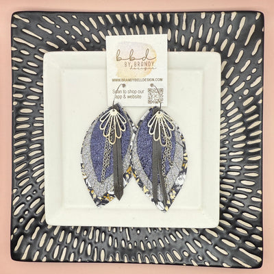 SUEDE + STEEL *Limited Edition* COLLECTION || <BR>  SILVER BRASS DESIGN + CHAINS, <BR> NAVY/GRAY LEATHERS  (* please note: these earrings are a bit heavier than our typical earrings due to the variety of layers)