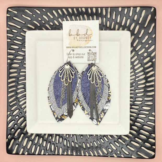 SUEDE + STEEL *Limited Edition* COLLECTION || <BR>  SILVER BRASS DESIGN + CHAINS, <BR> NAVY/GRAY LEATHERS  (* please note: these earrings are a bit heavier than our typical earrings due to the variety of layers)