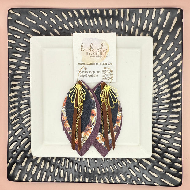 SUEDE + STEEL *Limited Edition* COLLECTION || <BR>  GOLD BRASS DESIGN + CHAINS, <BR> NAVY/PLUM LEATHERS  (* please note: these earrings are a bit heavier than our typical earrings due to the variety of layers)