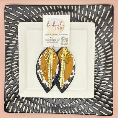 SUEDE + STEEL *Limited Edition* COLLECTION || <BR>  GOLD BRASS DESIGN + CHAINS, <BR> MUSTARD/BLACK LEATHERS  (* please note: these earrings are a bit heavier than our typical earrings due to the variety of layers)