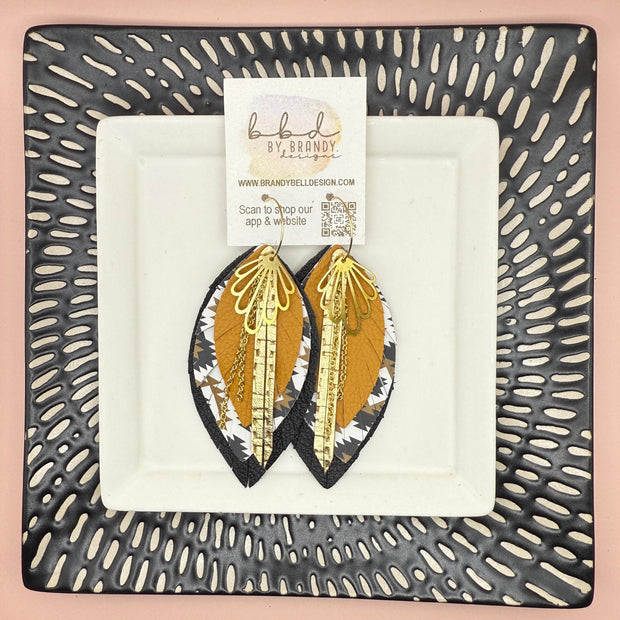 SUEDE + STEEL *Limited Edition* COLLECTION || <BR>  GOLD BRASS DESIGN + CHAINS, <BR> MUSTARD/BLACK LEATHERS  (* please note: these earrings are a bit heavier than our typical earrings due to the variety of layers)