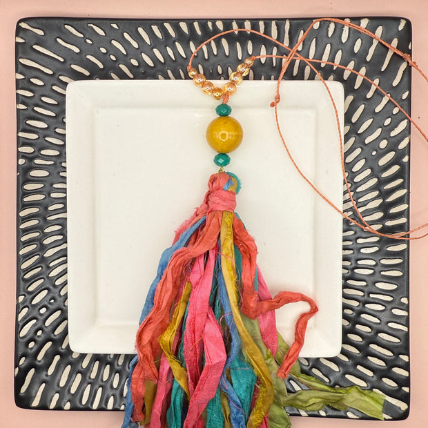SARI SILK RIBBON TASSLE NECKLACE || ADJUSTABLE WAXED COTTON CORD WITH BEADS