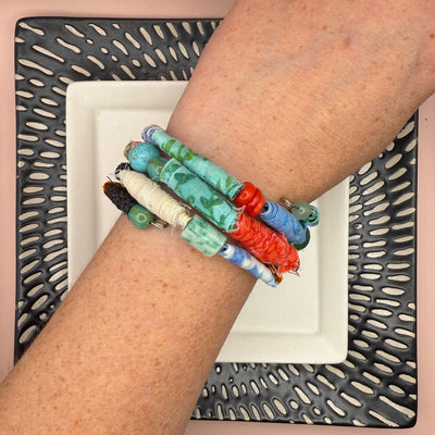 UP-CYCLED FABRIC WRAP BRACELET ||  Handmade fabric beads  (Aqua/orange/blue)