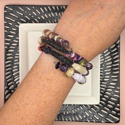 UP-CYCLED FABRIC WRAP BRACELET ||  Handmade fabric beads  (Black/Purple)