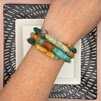 UP-CYCLED FABRIC WRAP BRACELET ||  Handmade fabric beads  (Green/Yellow)