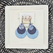 LINDSEY -  Leather Earrings  || <BR> VINTAGE BLUE & WHITE CHINA, <BR>, METALLIC NAVY PEBBLED, <BR> METALLIC LIGHT BLUE PEBBLED