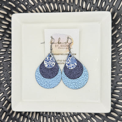 LINDSEY -  Leather Earrings  || <BR> VINTAGE BLUE & WHITE CHINA, <BR>, METALLIC NAVY PEBBLED, <BR> METALLIC LIGHT BLUE PEBBLED