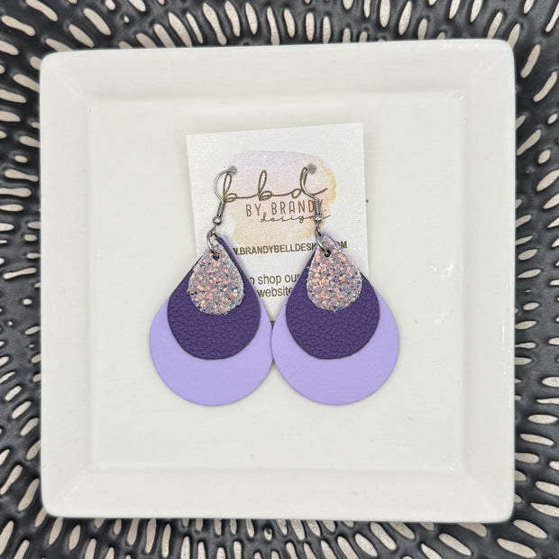 LINDSEY -  Leather Earrings  || <BR> WILLOW GLITTER (FAUX LEATHER), <BR> MATTE PURPLE, <BR> MATTE LILAC SMOOTH