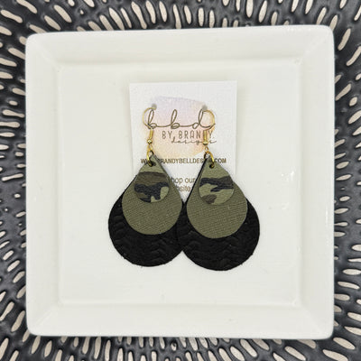 LINDSEY -  Leather Earrings  || <BR> FERN GREEN CAMOUFLAGE, <BR> OLIVE GREEN SAFFIANO, <BR> BLACK BRAID