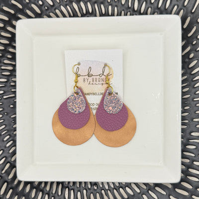 LINDSEY -  Leather Earrings  || <BR> WILLOW GLITTER (FAUX LEATHER), <BR> MATTE PLUM PEBBLED, <BR> PEARLIZED PINK