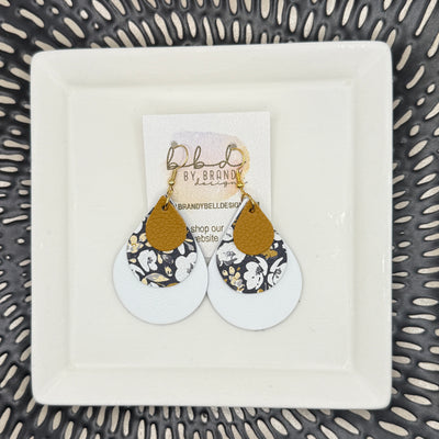 LINDSEY -  Leather Earrings  || <BR> MATTE MUSTARD, <BR> POPPY FLORAL ON NAVY, <BR> MATTE WHITE SMOOTH