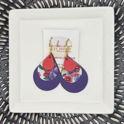 LINDSEY -  Leather Earrings  || <BR> CORAL PALMS, <BR> TUTTI FRUITTI FLORAL, <BR> MATTE PURPLE
